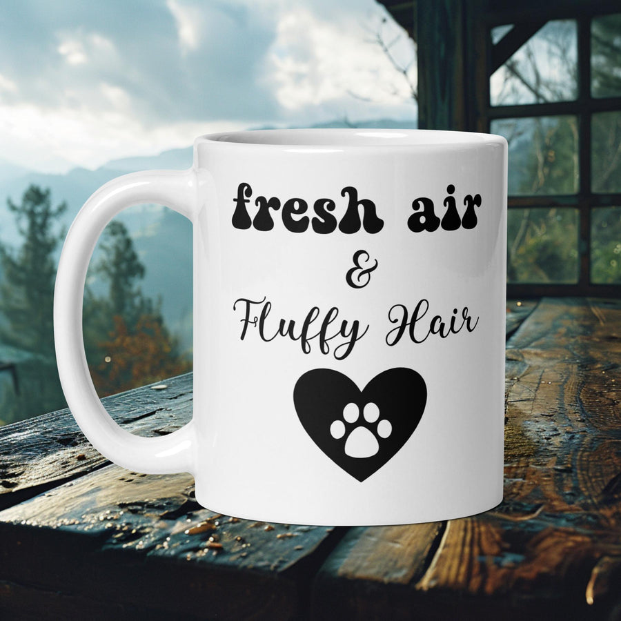 Finnish Lapphund Mug with "Fresh Air & Fluffy Hair" text and paw print heart—ideal for Nordic dog lovers and fluffy fans.