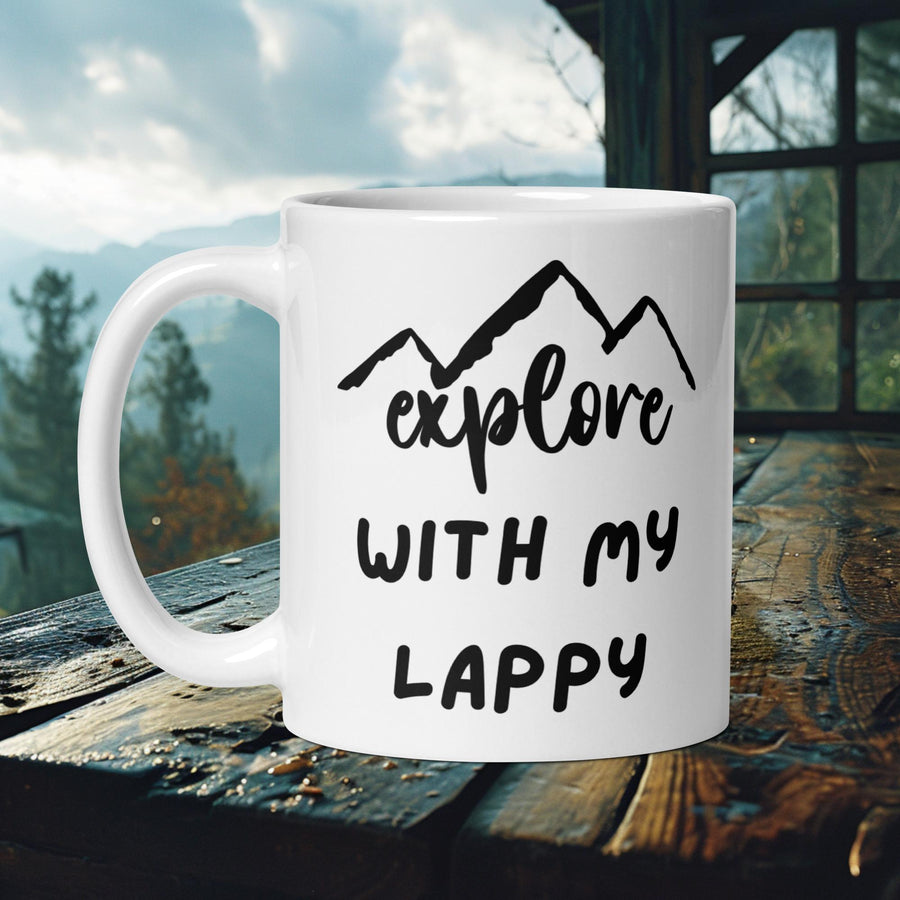 Finnish Lapphund Mug with "Explore With My Lappy" text and mountain silhouette—ideal for Nordic dog lovers and hikers.