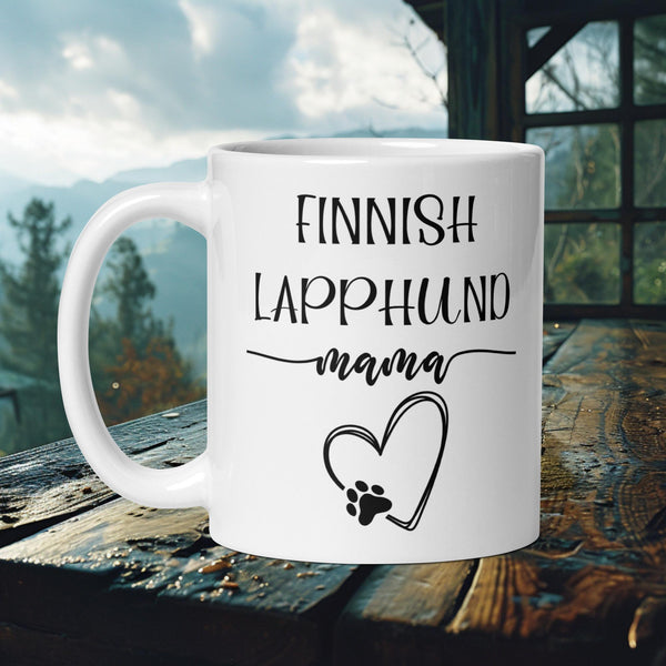 Finnish Lapphund Mug with "Finnish Lapphund Mama" text and heart paw print—ideal for Nordic pet lovers and dog mamas.