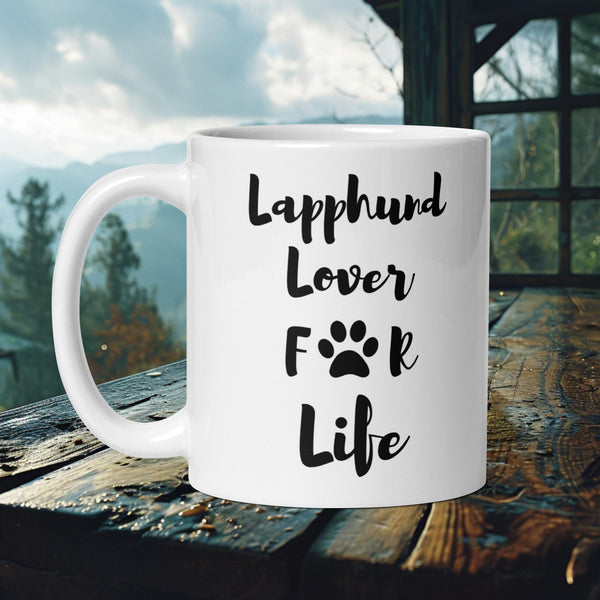 Finnish Lapphund Mug with "Lapphund Lover For Life" text and paw print—ideal for Nordic dog lovers and devoted fans.