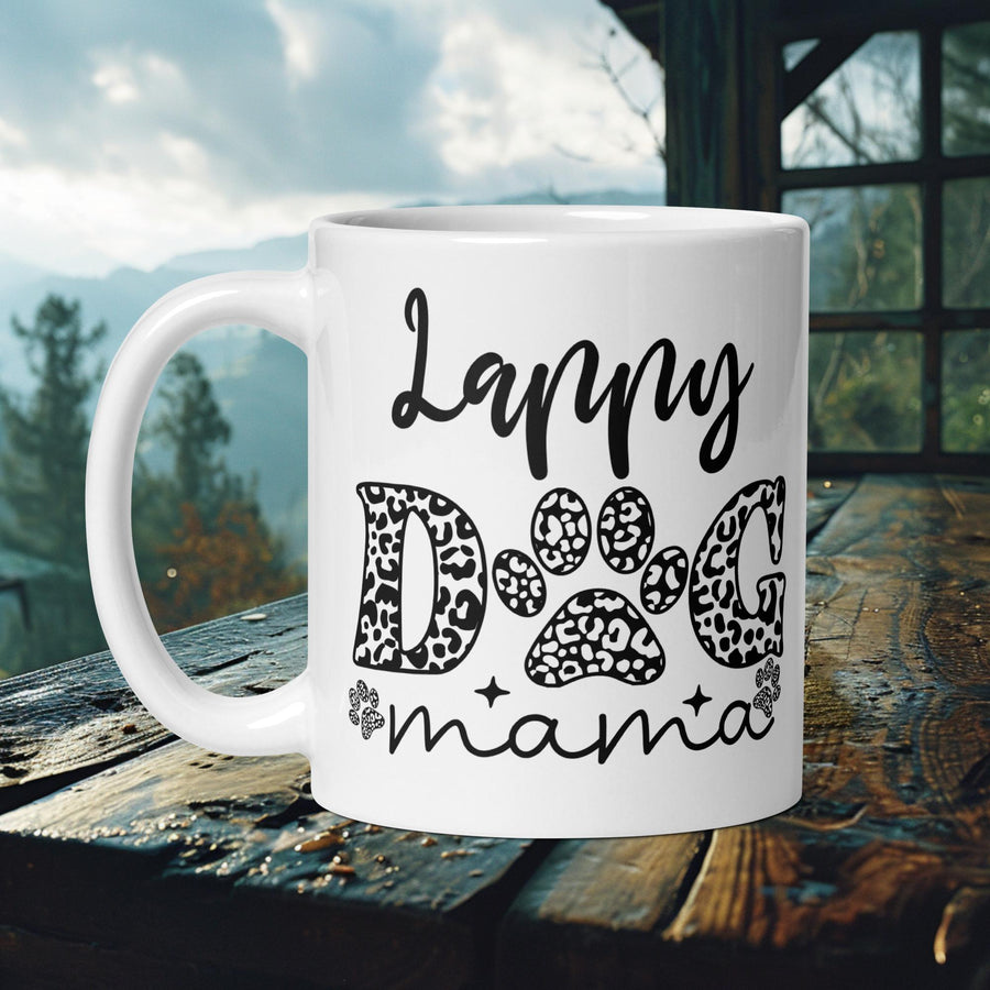 Finnish Lapphund Mug with "Lappy Mama" and paw print "DOG" text—ideal for Nordic dog lovers and dog mamas.