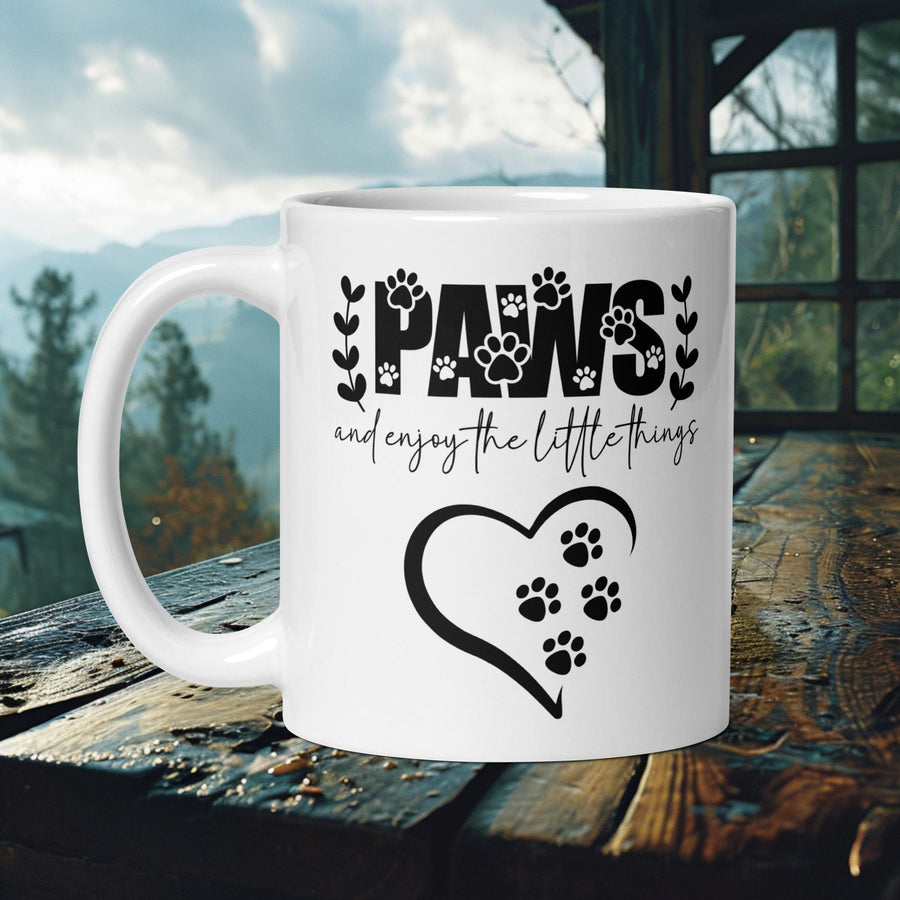 Finnish Lapphund Mug with "Paws Enjoy the Little Things" text and heart paw prints—ideal for Nordic dog lovers and mindful fans.
