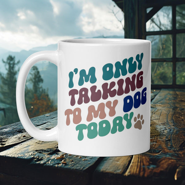 Finnish Lapphund Mug with "I’m Only Talking to My Dog Today" in colorful retro text—ideal for pet lovers and funny gift seekers.