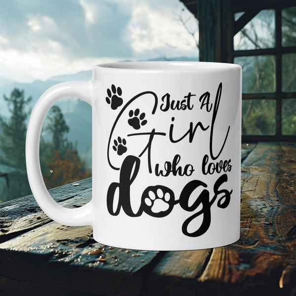 Finnish Lapphund Mug with "I’m Just a Girl Who Loves Dogs" text and paw prints—ideal for pet lovers and dog-loving girls.