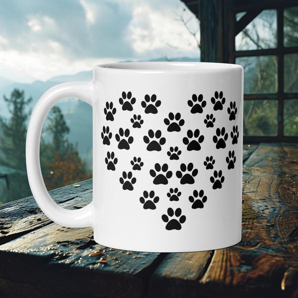 Finnish Lapphund Mug with a heart made of black paw prints—ideal for dog enthusiasts and minimalist art lovers.