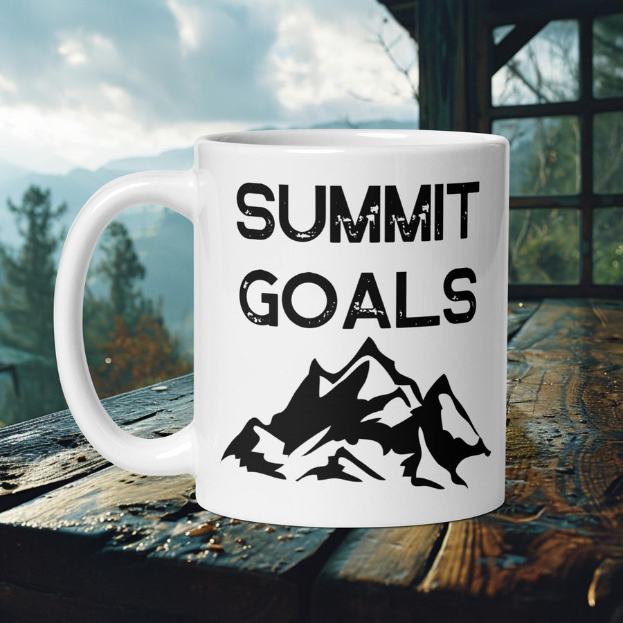 Finnish Lapphund Mug with "Summit Goals" text and mountain range—ideal for dog lovers and goal setters.