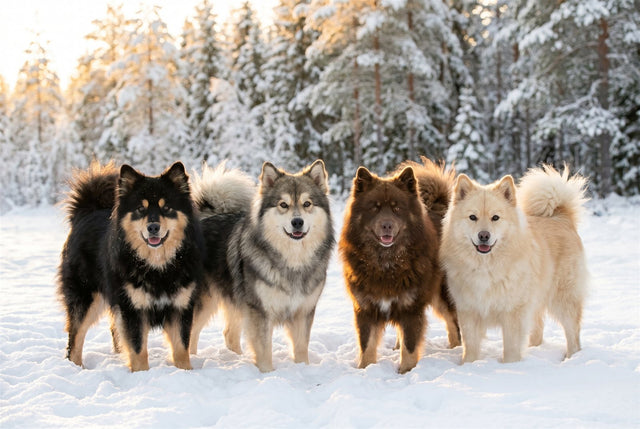Four Finnish Lapphunds of different coat colors, black and tan, wolf sable, brown and cream, together in snow