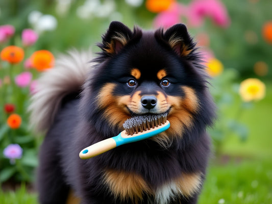 A fluffy Finnish Lapphund holding a grooming brush in its mouth, standing in a garden with colorful flowers in the background.