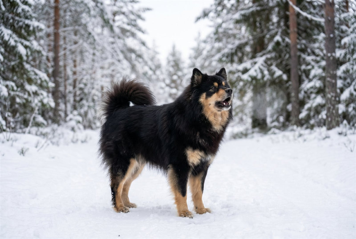 Black and tan Finnish Lapphund barking alertly on a snowy trail with its fluffy tail curled over its back