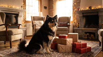 Flat lay of Finnish Lapphund gifts including a breed-true t-shirt, ceramic mug, cork-back coasters and sticker sheets arranged on a wooden table