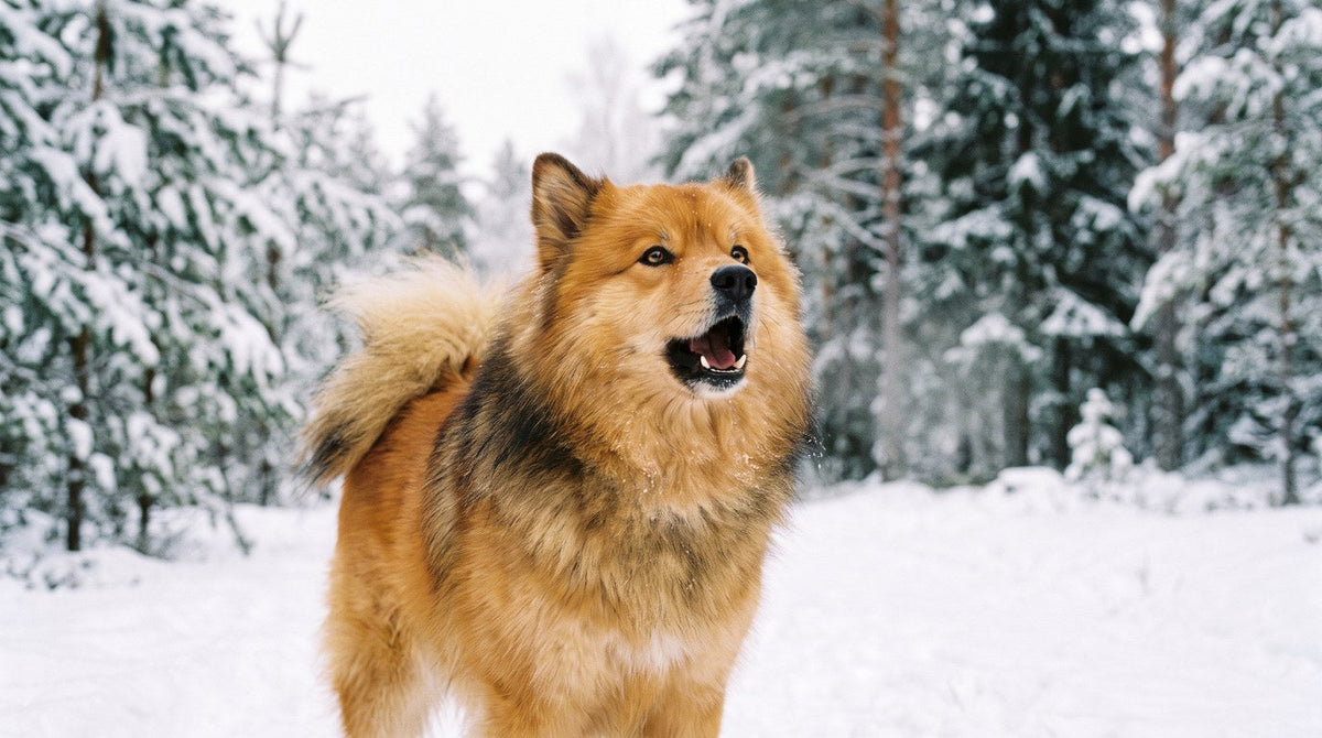 Sable Finnish Lapphund barking in a snowy forest clearing