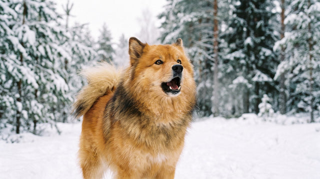 Sable Finnish Lapphund barking in a snowy forest clearing