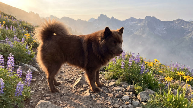 Brown Finnish Lapphund standing on a mountain trail with wildflowers
