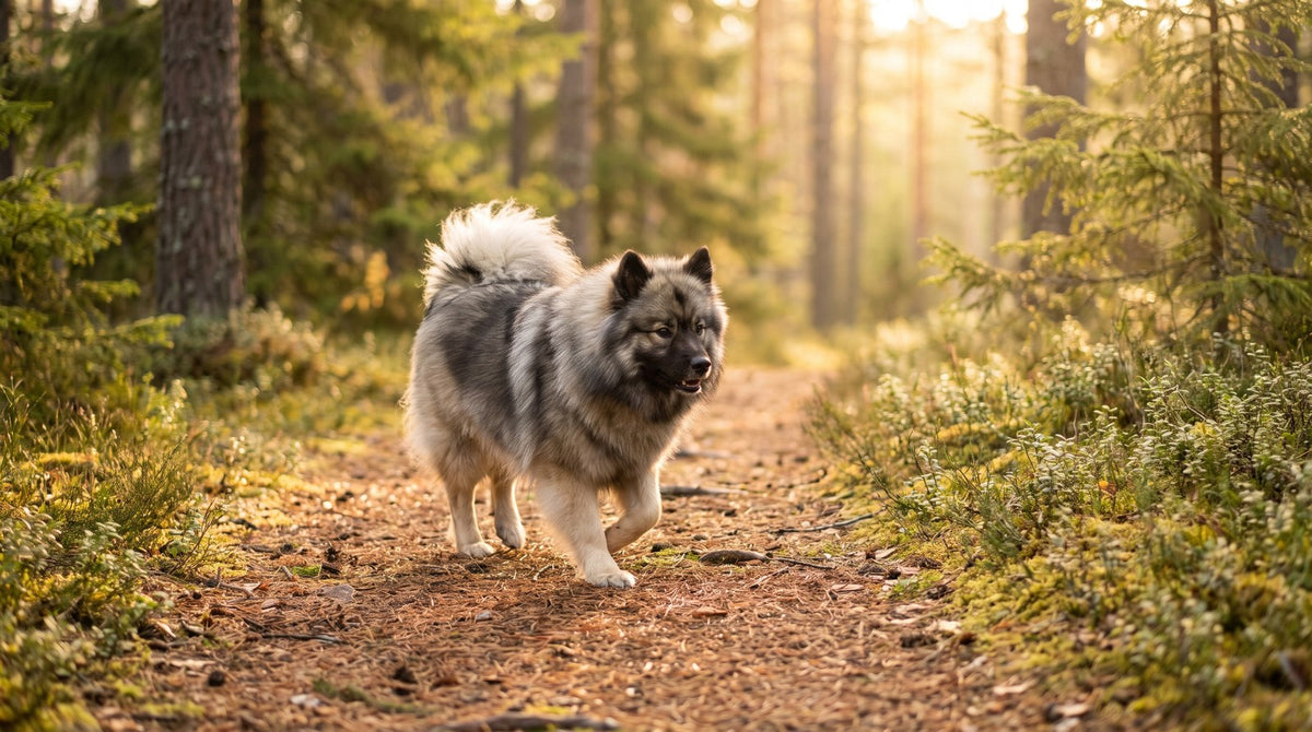 Grey and cream Finnish Lapphund trotting along a forest trail with a glossy full coat
