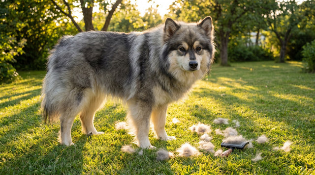 Wolf sable Finnish Lapphund in a sunny garden beside tufts of brushed-out undercoat