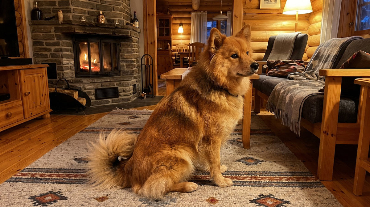 Sable Finnish Lapphund sitting on a rug in a log cabin living room