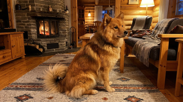 Sable Finnish Lapphund sitting on a rug in a log cabin living room