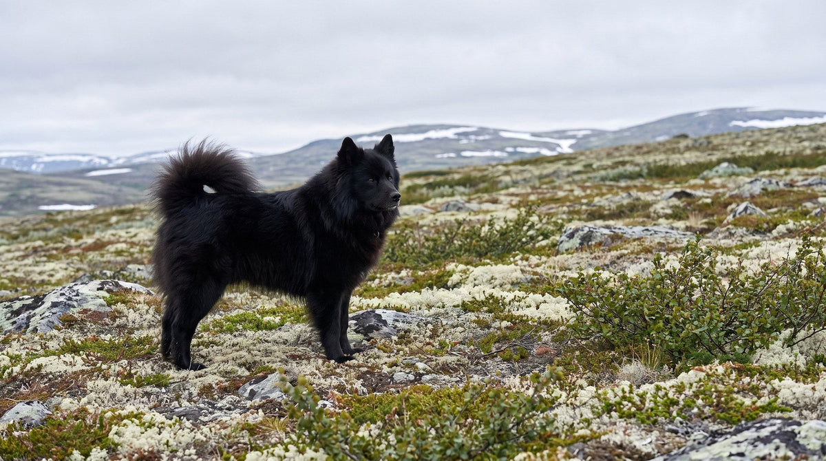Black Finnish Lapphund standing on open arctic fell terrain