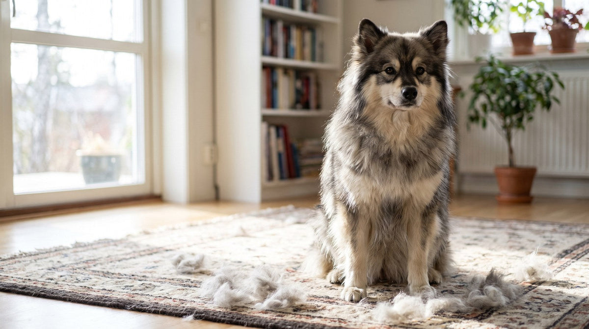 Wolf sable Finnish Lapphund sitting on a rug beside tufts of shed undercoat