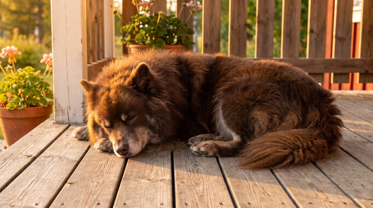 Senior brown Finnish Lapphund with a greying muzzle resting on a wooden porch