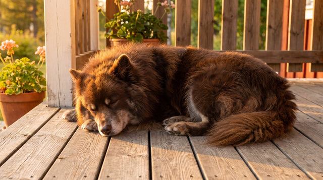 Senior brown Finnish Lapphund with a greying muzzle resting on a wooden porch