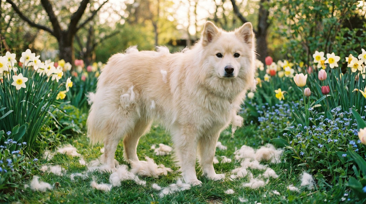 Cream Finnish Lapphund in a spring garden with shed undercoat on the grass