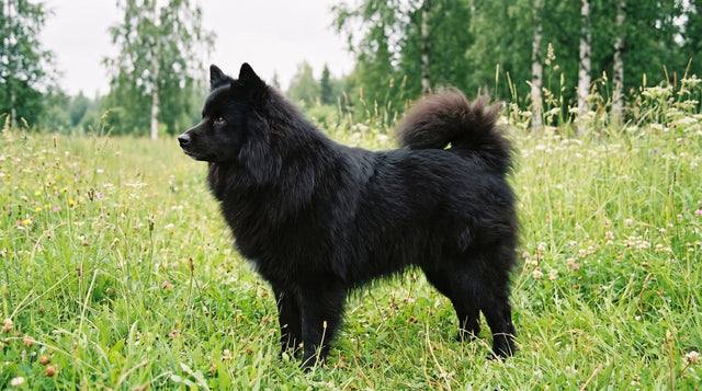 Black Finnish Lapphund standing in profile in a green field