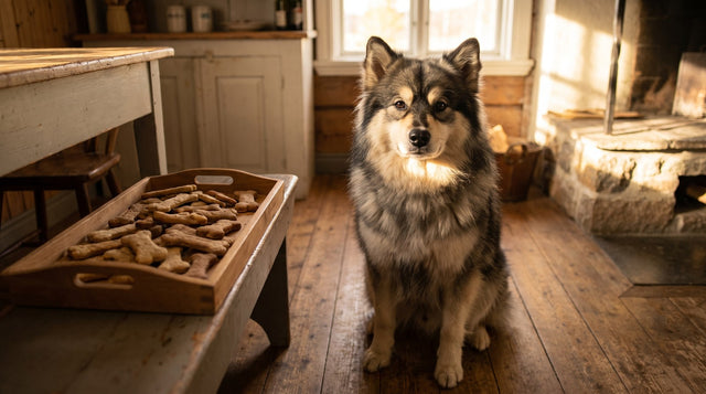 Grey and cream Finnish Lapphund sitting in a rustic kitchen beside a tray of homemade dog biscuits