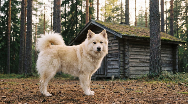 Cream Finnish Lapphund in front of a rustic cabin in a pine forest