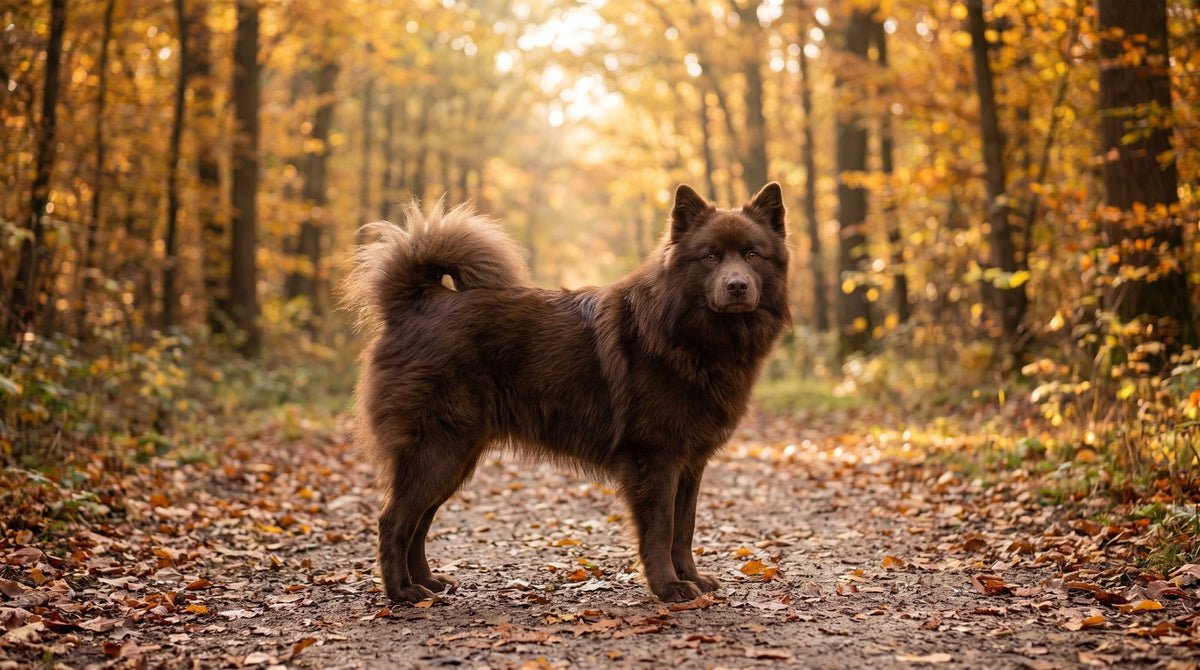 Brown Finnish Lapphund standing on an autumn forest trail