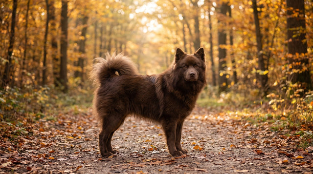 Brown Finnish Lapphund standing on an autumn forest trail