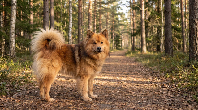 Sable Finnish Lapphund standing on a woodland path