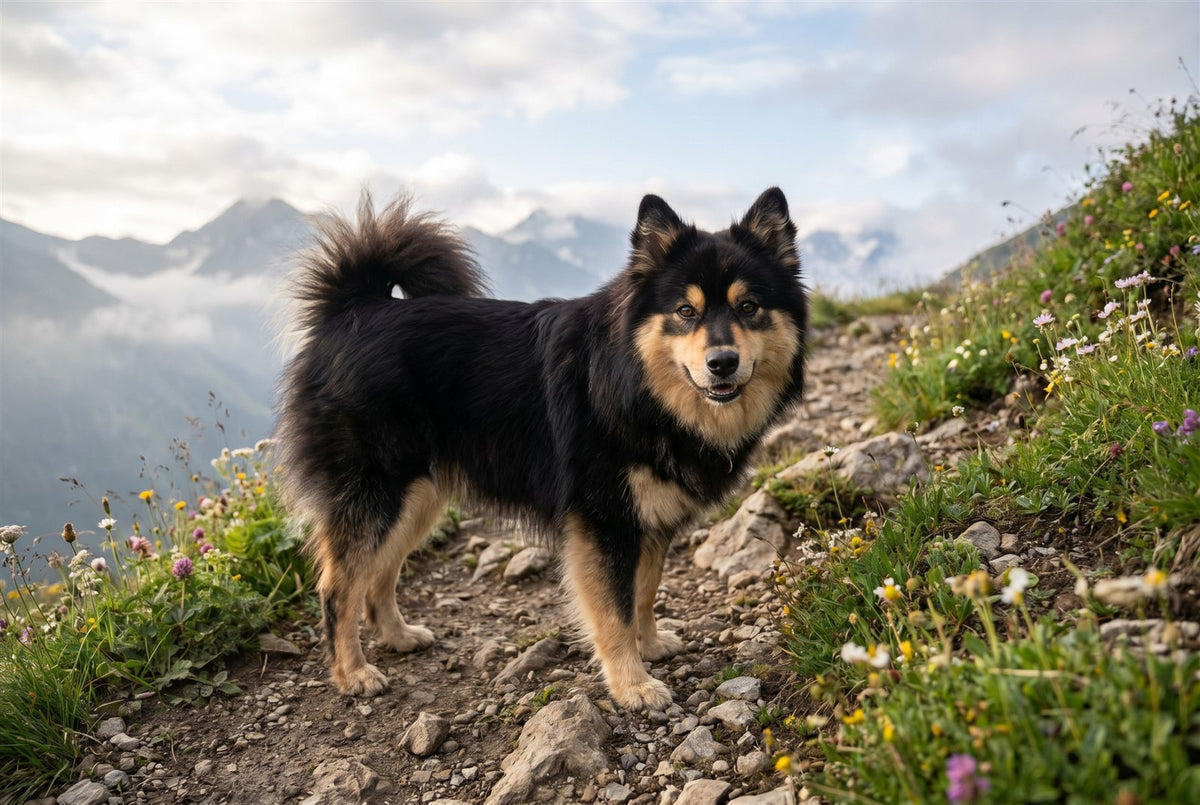 Black and tan Finnish Lapphund standing on a mountain trail with its fluffy curled tail over its back