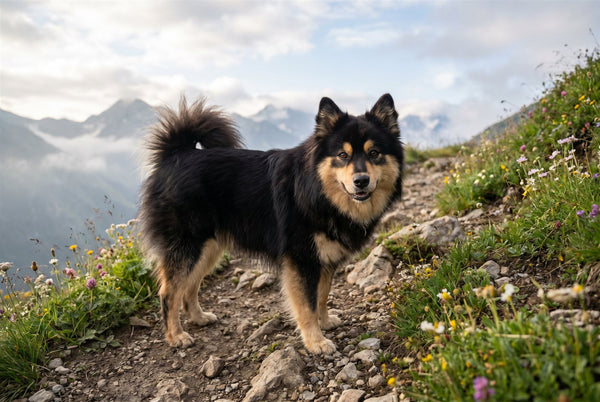 Black and tan Finnish Lapphund standing on a mountain trail with its fluffy curled tail over its back