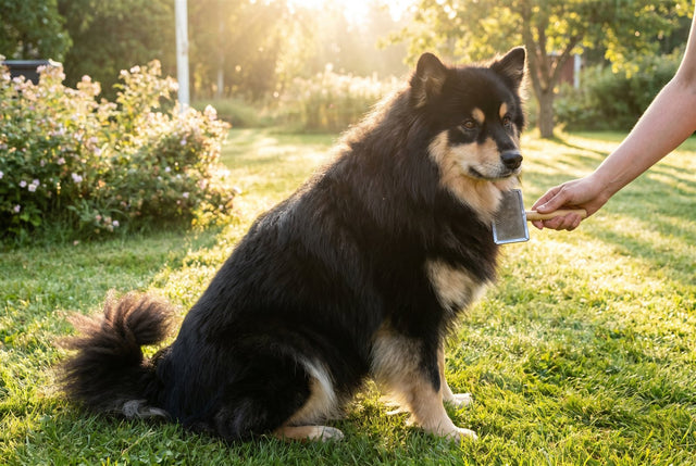 Black and tan Finnish Lapphund being brushed outdoors, thick double coat and fluffy curled tail in soft morning light