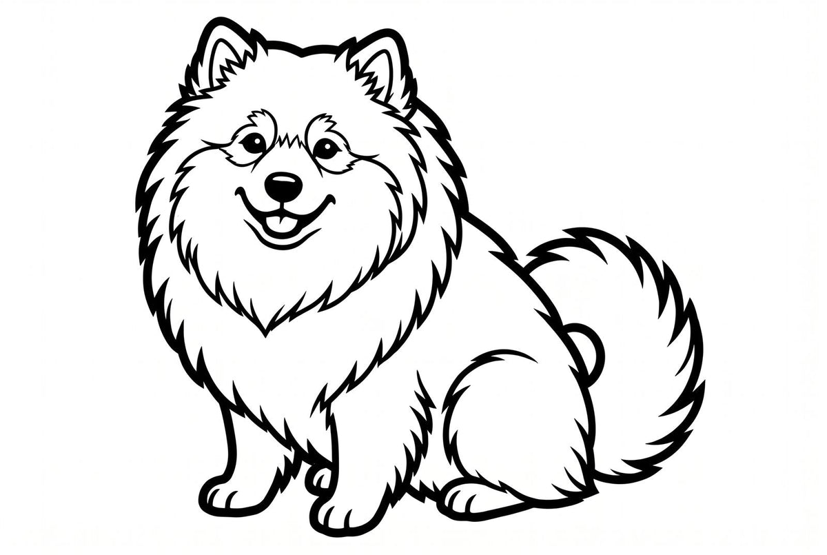 Free printable Finnish Lapphund colouring page, line-art of a fluffy smiling Lappy with a curled tail