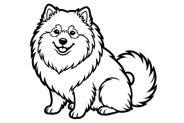 Free printable Finnish Lapphund colouring page, line-art of a fluffy smiling Lappy with a curled tail