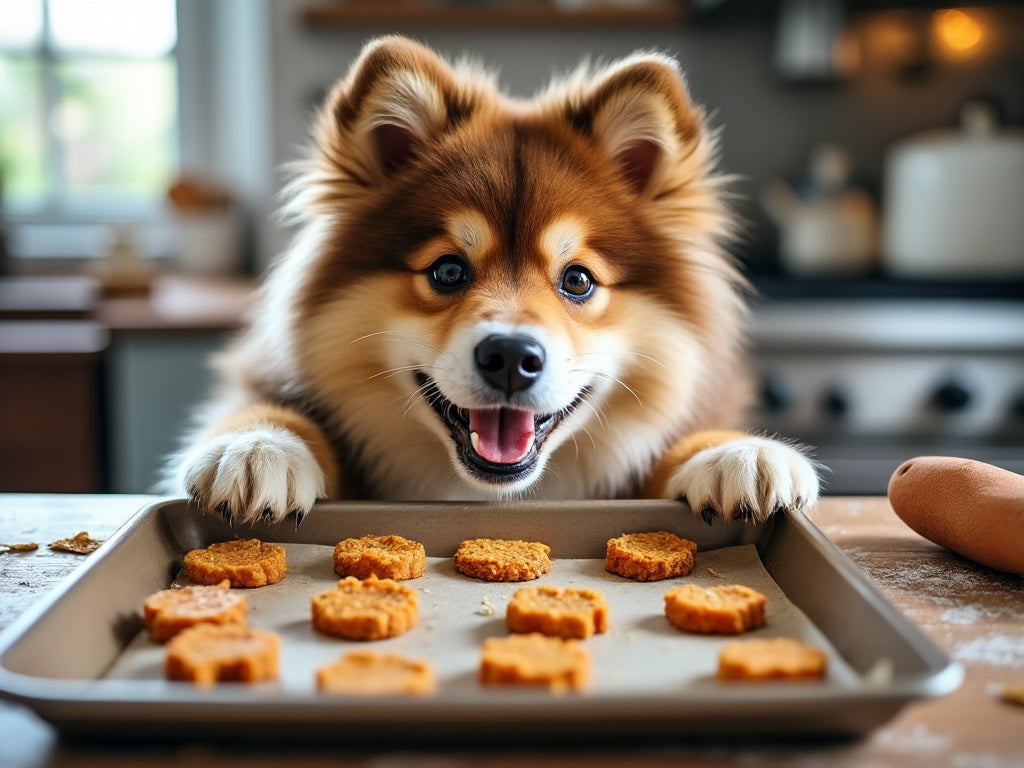 Happy Finnish Lapphund looking at a tray of homemade dog treats in a kitchen.