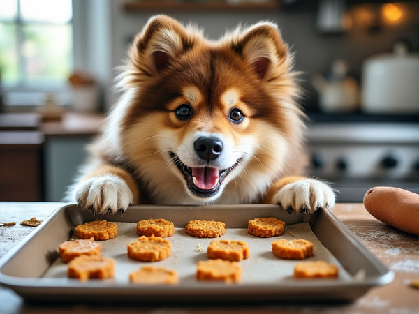Happy Finnish Lapphund looking at a tray of homemade dog treats in a kitchen.