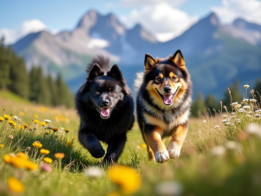 Two joyful Finnish Lapphunds running side by side in a beautiful mountain meadow, surrounded by colorful wildflowers, with majestic snow-capped mountains in the background.