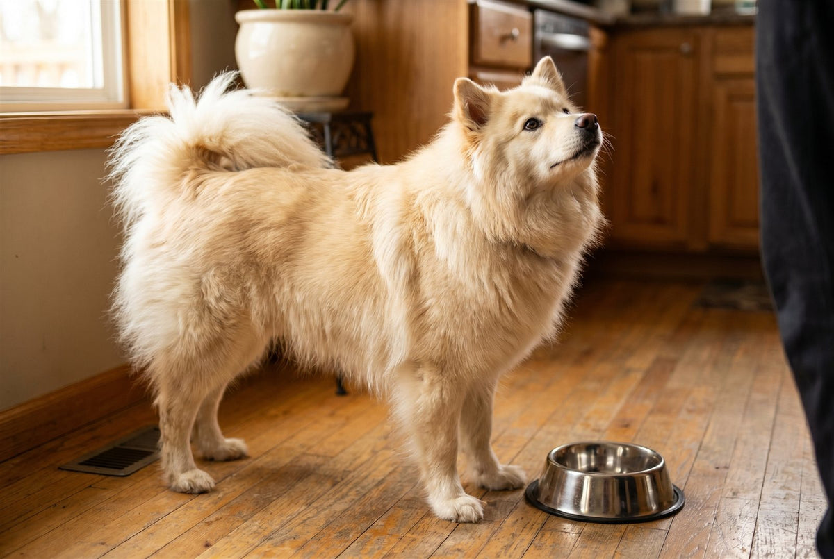Cream Finnish Lapphund standing by its food bowl in a bright kitchen