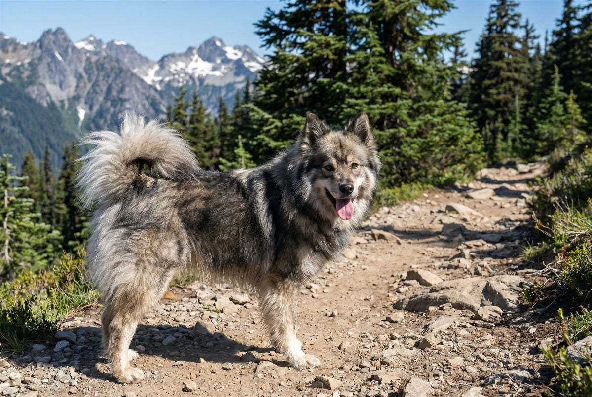 Wolf sable grey Finnish Lapphund with a curled fluffy tail hiking a mountain trail