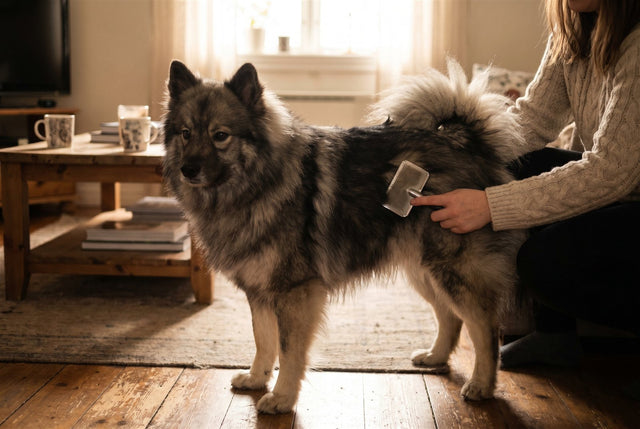 Wolf sable grey Finnish Lapphund being brushed with a slicker brush