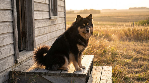 Black and tan Finnish Lapphund sitting on the wooden steps of a prairie farmhouse