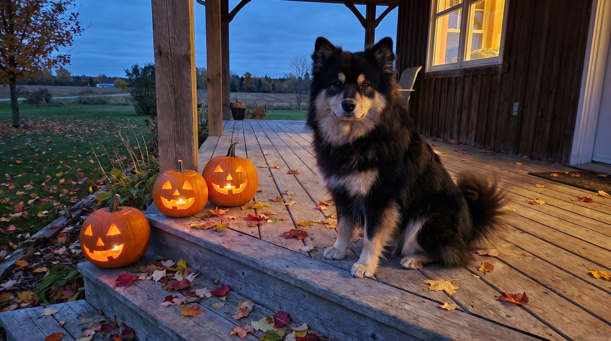 Black and tan Finnish Lapphund sitting on a porch step beside carved jack-o-lanterns at dusk, fluffy tail curled over its back