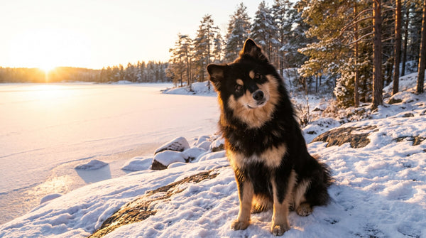 Black and tan Finnish Lapphund sitting head tilted on a snowy lakeshore