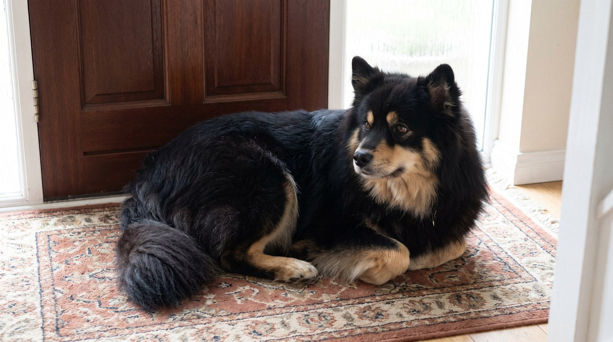 Black and tan Finnish Lapphund lying by a closed front door waiting for its owner