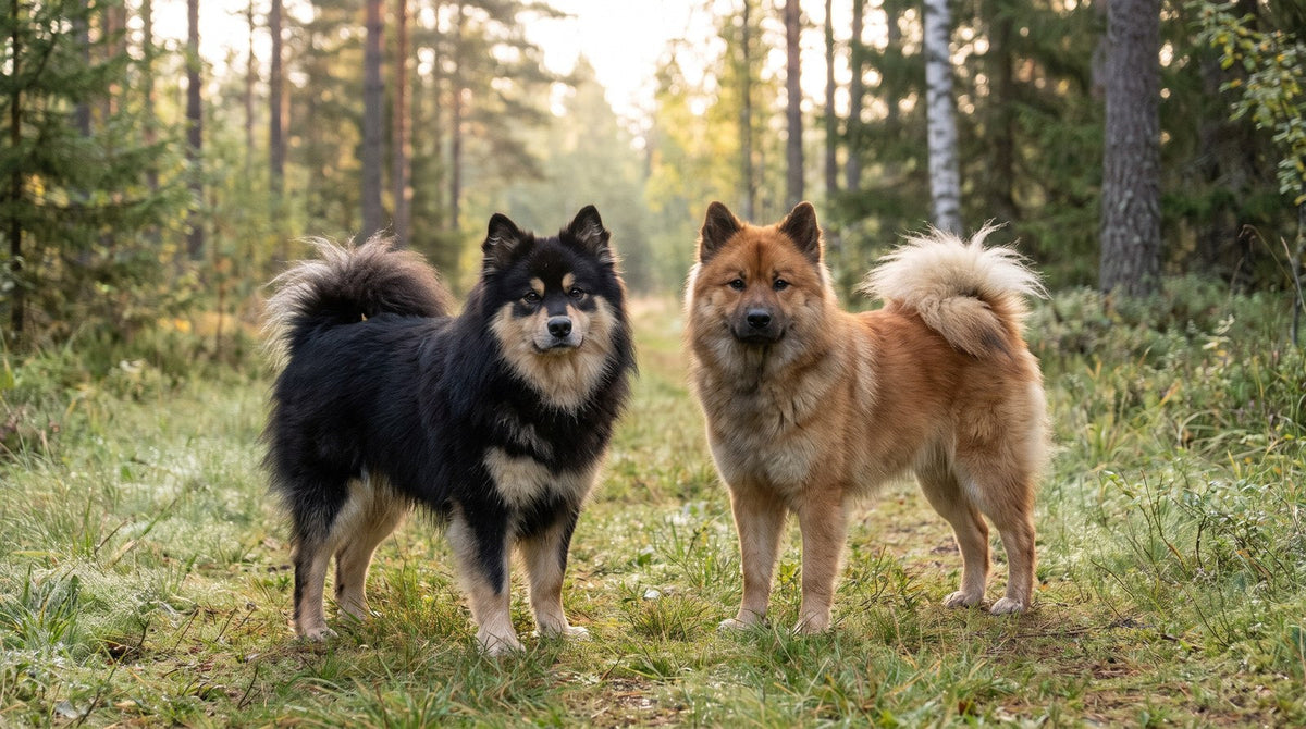 Black and tan Finnish Lapphund standing beside a red fawn Eurasier on a grassy forest edge