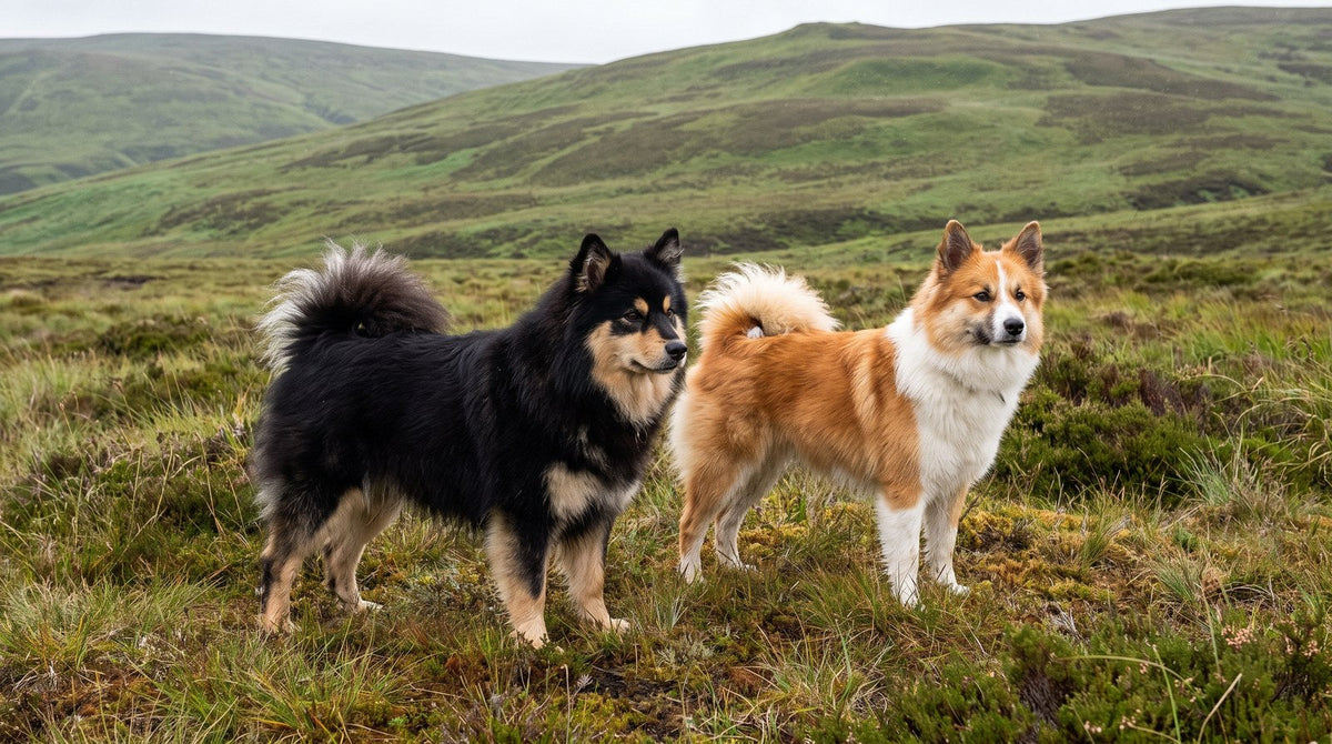 Black and tan Finnish Lapphund standing beside a red and white Icelandic Sheepdog on open moorland