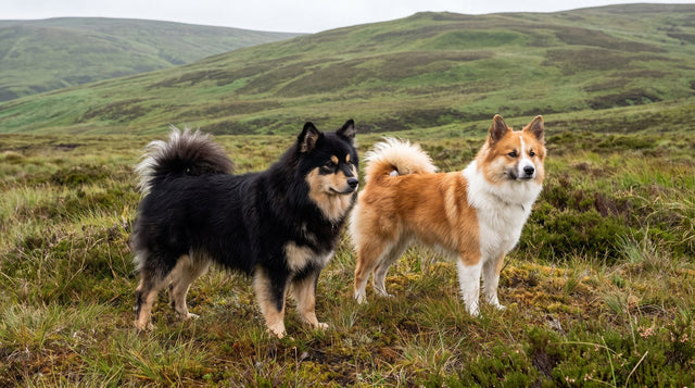 Black and tan Finnish Lapphund standing beside a red and white Icelandic Sheepdog on open moorland